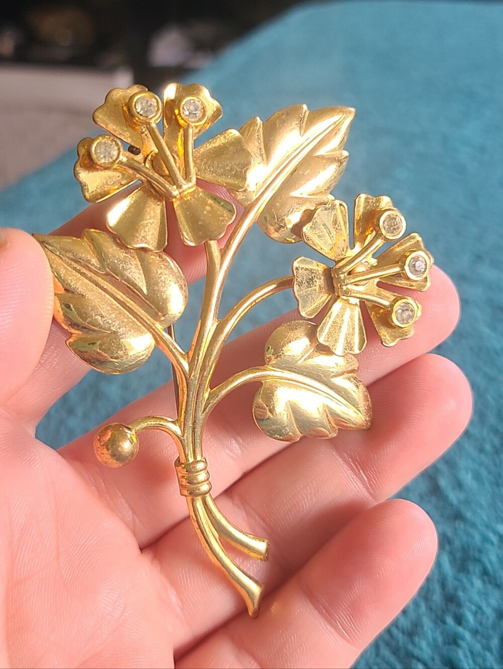 Gold Flower Bouquet Brooch with Rhinestone Accents